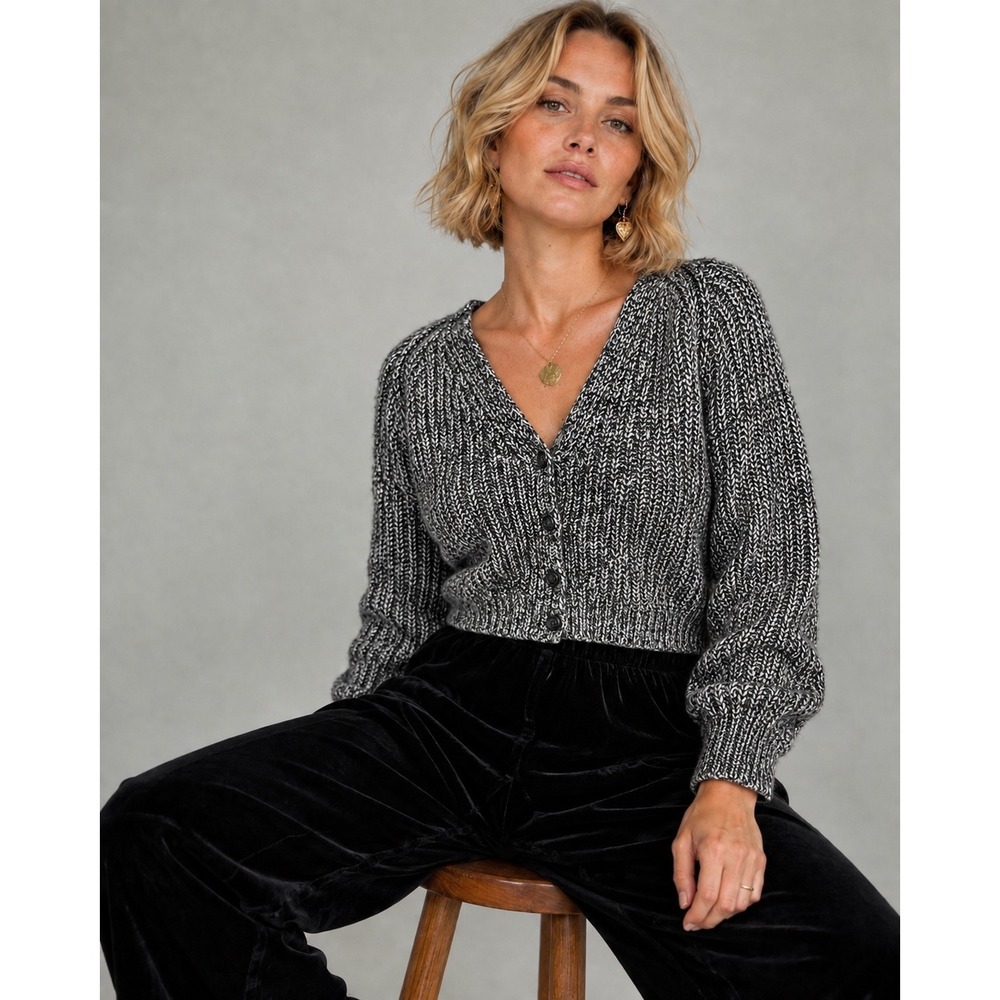 Natural Reflections Womens Black White Marled Chunky Knit Cropped Cardigan Large